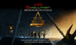 Affiche de jeu VR "Escape the Lost Pyramid" dans l'univers d'Assassin's Creed Origins.