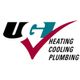 Logo of UGI with a red check mark, text: "Heating, Cooling, Plumbing" on the right.