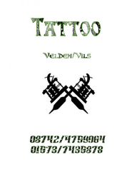 Text: "Tattoo Velden/Vils". Zwei gekreuzte Tätowiermaschinen mit Telefonnummern darunter.