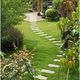Garden path with stepping stones leading through lush greenery and plants.
