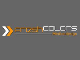 Graues Logo mit orange-weißer Schrift: "freshcolors Mediendesign" und stilisierten Pfeilen links.