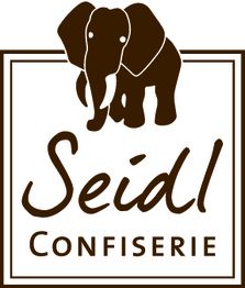 Logo mit Elefant und Text: "Seidl Confiserie" in Braun.