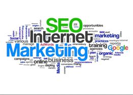 Word cloud with large words: Marketing, Internet, SEO. Smaller words: Google, online, business.
