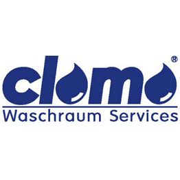 Logo von "clomo Waschraum Services" in blauer Schrift mit tropfenförmigem Design.