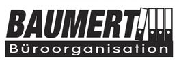 BAUMERT Büroorganisation Logo mit Aktenordner-Grafik rechts. Schwarz-weißes Design.