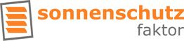 Logo mit orangem "Sonnenschutz" und grauem "Faktor". Links vier horizontale Balken in einem Rechteck.