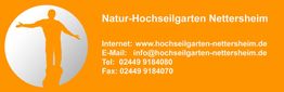 Oranger Hintergrund mit "Natur-Hochseilgarten Nettersheim" und Kontaktinfos darauf.