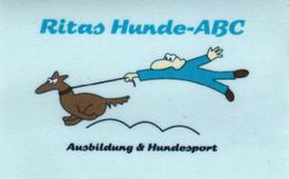 Illustration: Person wird von Hund gezogen. Text: "Ritas Hunde-ABC, Ausbildung & Hundesport".