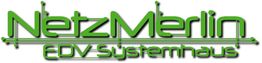 Text-Logo in Grün: "NetzMerlin EDV Systemhaus".