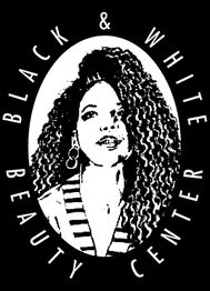 Schwarz-weißes Logo mit Frau und Text "Black & White Beauty Center" in ovaler Form.