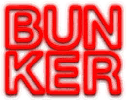 Texto "BUNKER" en rojo brillante con efecto neón y fondo negro.