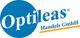 Blaues Optileas Handels GmbH-Logo mit schrägem Schriftzug und gelbem Unterstrich.