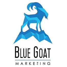 Logo of a stylized blue goat standing on geometric mountains, text reads "Blue Goat Marketing."