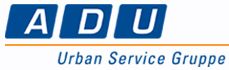 Logo mit blauem "ADU" und Text "Urban Service Gruppe" darunter, orange Linie darunter.
