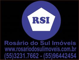 Logotipo de Rosário do Sul Imóveis com detalhes de contato e site em fundo azul.