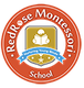 RedRose Montessori School logo with a book and globe, text on red background.