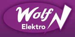 Lila Logo mit Schriftzug "Wolf Elektro" und weißem Blitzsymbol.